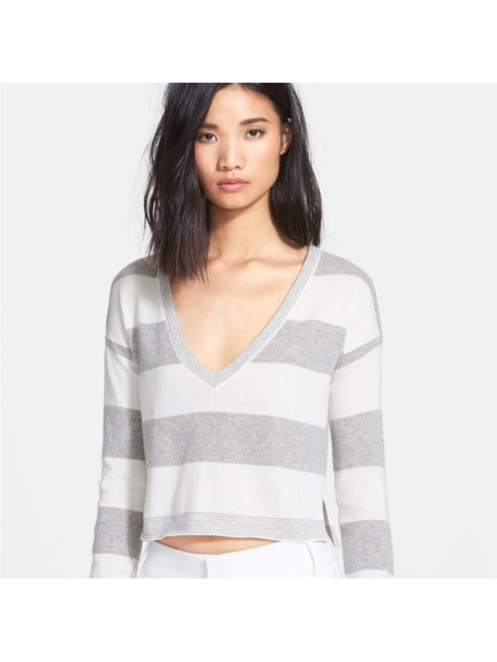 Alice and Olivia Striped Cozy V Neck Crop Sweater in white and gray